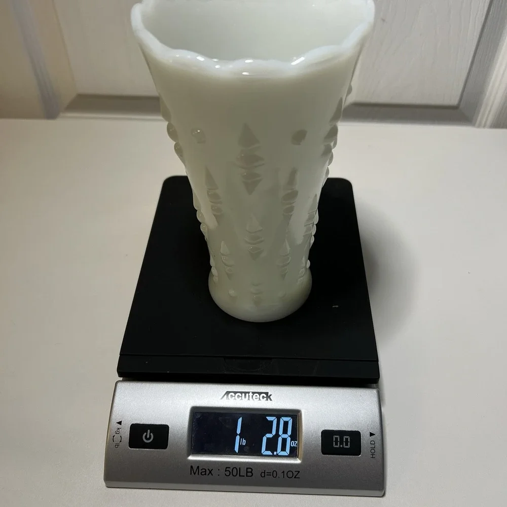 Vintage Anchor Hocking Milk Glass Vase Dots Teardrop Pattern Scalloped Edge